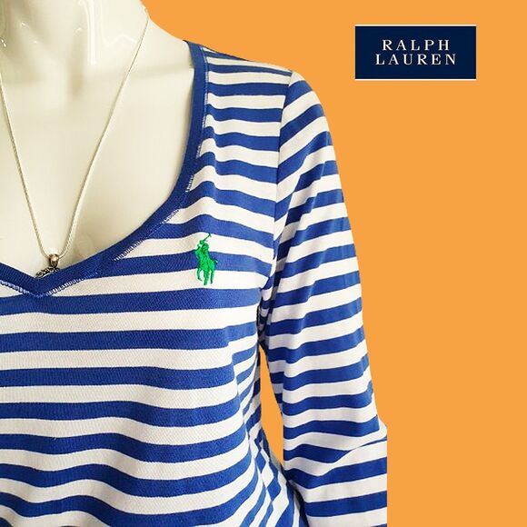 RALPH LAUREN Blue Label Striped Lime Pony V-Neck Long-Sleeve T-Shirt L - Picture 6 of 12